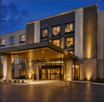 Modern branded hotel at dusk